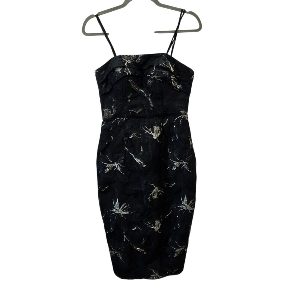 Bariano Australia Strapless Black Metallic Floral Cocktail Midi Dress US 6